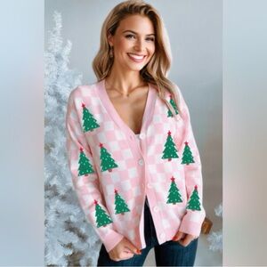 Women’s Boho Pink Checkered Christmas Tree Sweater